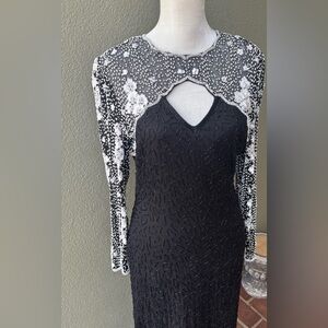 Laurence Kazar New York Vintage Beaded Gown 100% Silk Dress Long Sleeve